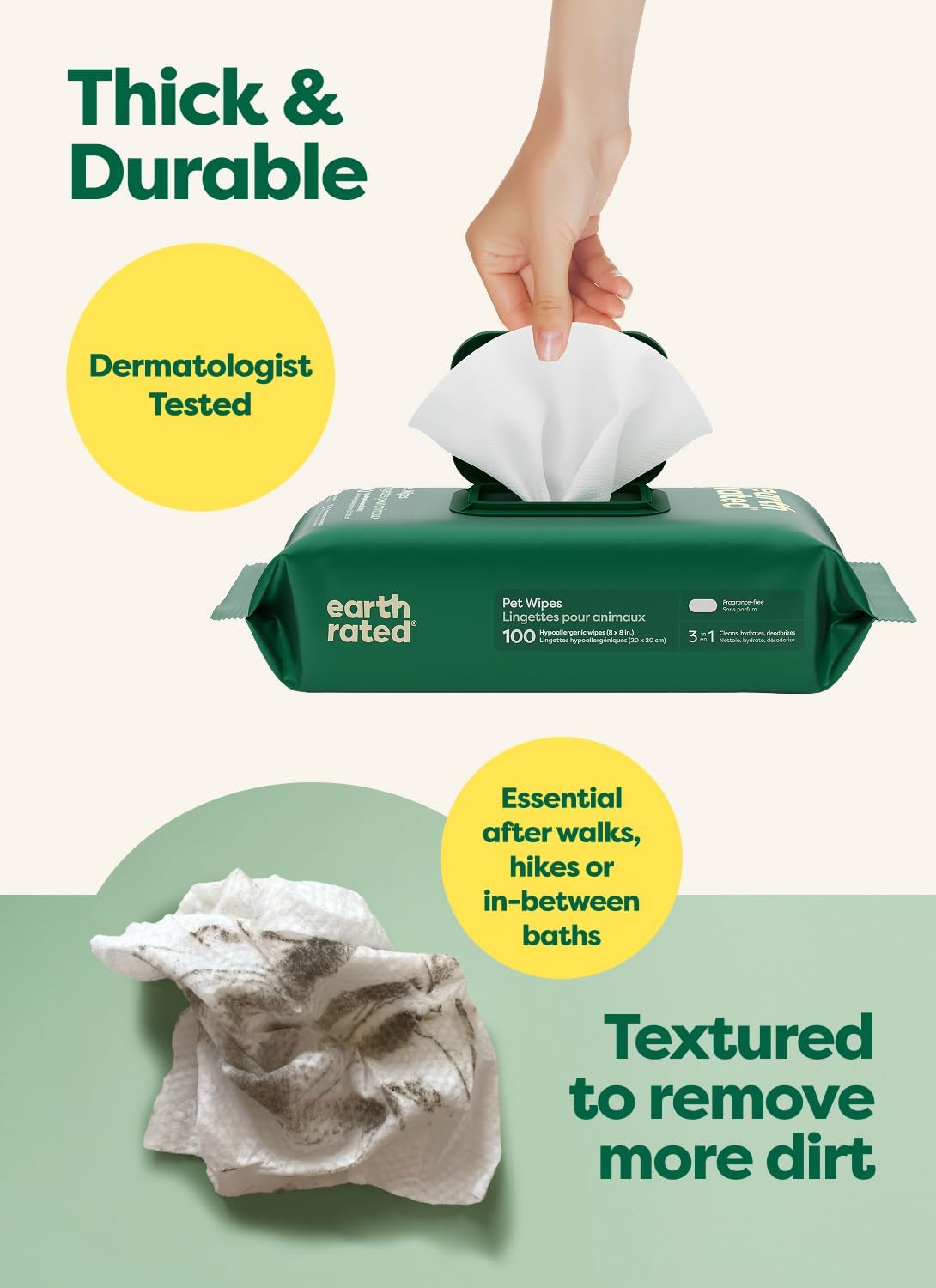 Earth Rated Dog Wipes for Paws & Butt, Deodorizing, Unscented, 400ct