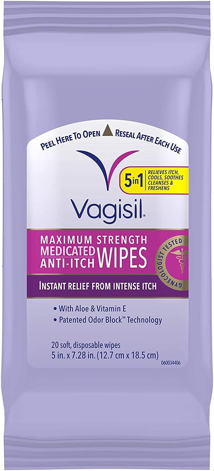 Vagisil Wipes, Anti-Itch Medicated Feminine Vaginal Wipes, Maximum Strength, Instant Relief, 20 Wipes (Pack of 3)