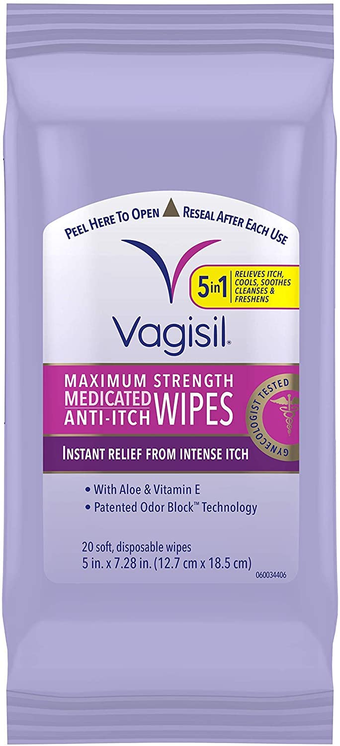 Vagisil Wipes, Anti-Itch Medicated Feminine Vaginal Wipes, Maximum Strength, Instant Relief, 20 Wipes (Pack of 3)