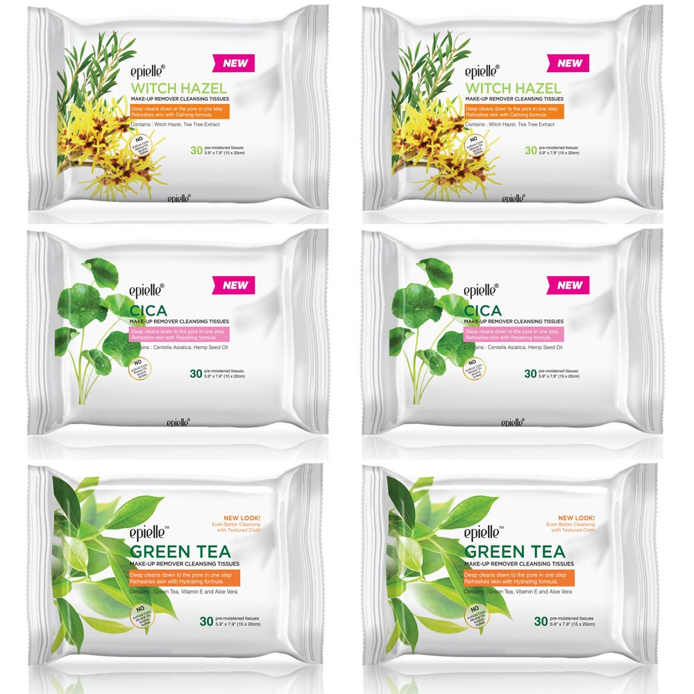 Epielle Gentle Skin Cleansing Wipes, 6 pack of 30 count each of Vitamin C, Cucumber, Aloe Vera, Collagen&Vitamin E, Green Tea, and Argan, Alcohol-Free, Hypoallergenic, Natural Extracts, Oily Skin.