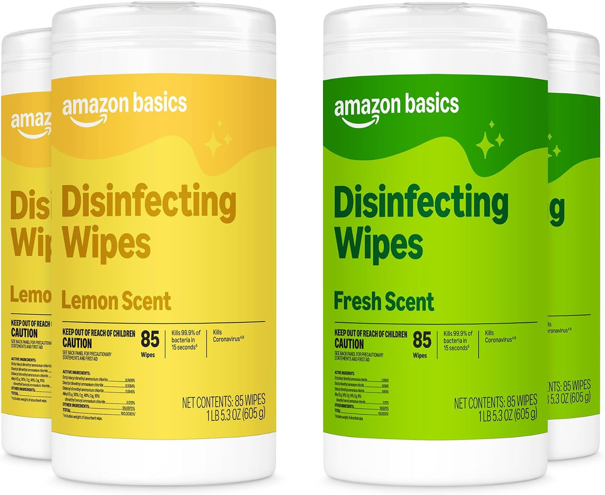 Amazon Basics Disinfecting Wipes, Lemon & Fresh Scent, Sanitizes, Cleans, Disinfects, Deodorizes, 340 Count (4 Packs of 85), Packaging May Vary