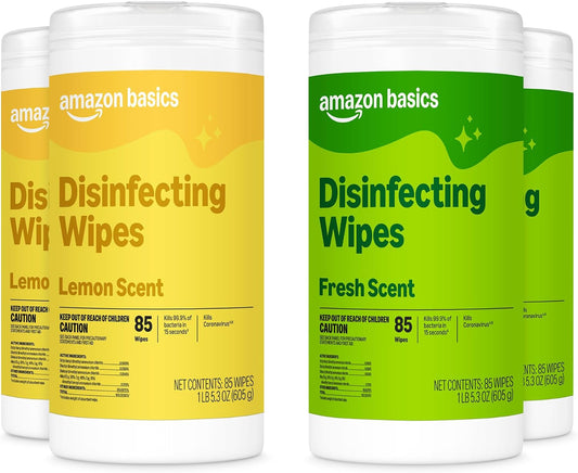 Amazon Basics Disinfecting Wipes, Lemon & Fresh Scent, Sanitizes, Cleans, Disinfects, Deodorizes, 340 Count (4 Packs of 85), Packaging May Vary