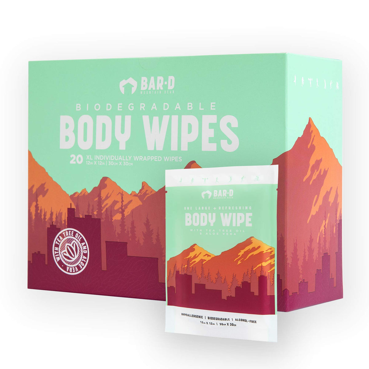 Bar-D Biodegradable Body Wipes with Tea Tree Oil & Aloe Vera - Refreshing Shower Wipes Great for Camping, Hiking, Post Workout and Travel (3-Pack, 10 Wipes/Pack)