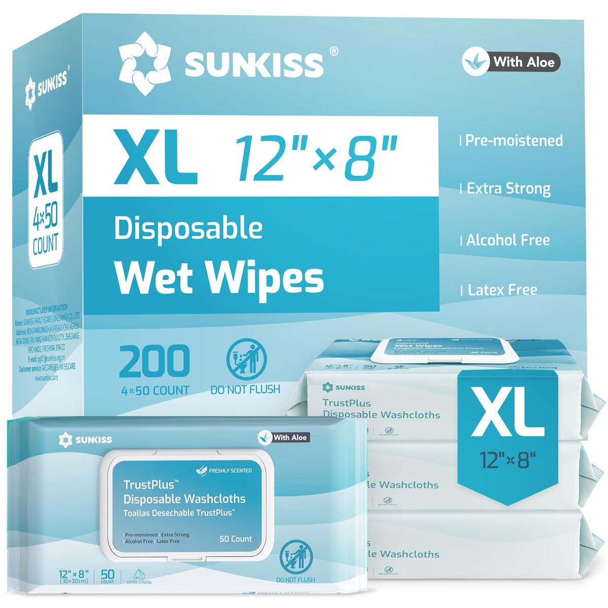 SUNKISS TrustPlus Adult Wet Wipes, Extra Large 8"x12", Unscented, 200Ct