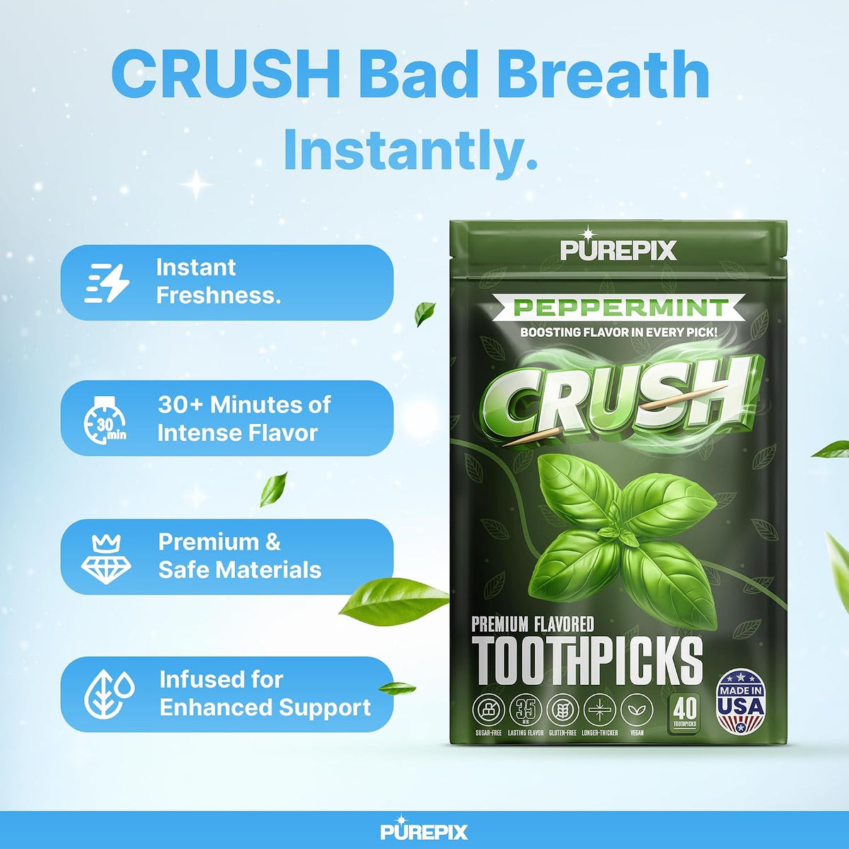 PurePix Crush Root Beer Flavored Toothpicks Quit Smoking Support, Thick Birchwood Infused Sticks, 40 Count Pouch, Long-Lasting Taste, Nicotine Free, Quit Smoking Gift, Vegan Gluten-Free, Made in USA