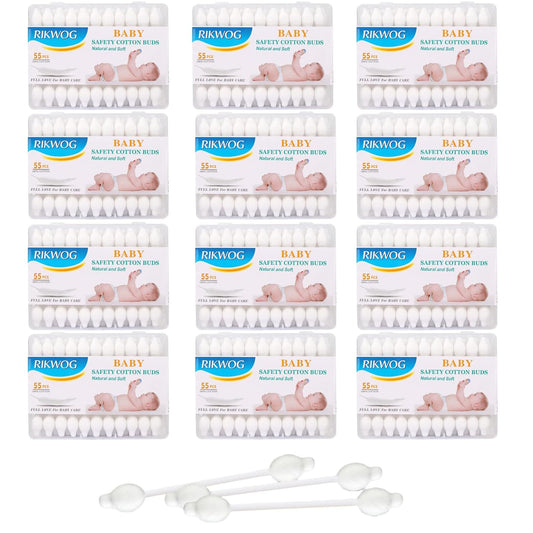 Baby Swabs by RIKWOG, 100% Large Safety Tip Cotton Swabs 660 Count (12 Pack), Organic Cotton with White Paper Sticks, Hypoallergenic Gentle Cleaning for Newborn, Baby, Infants, Kids & Toddlers