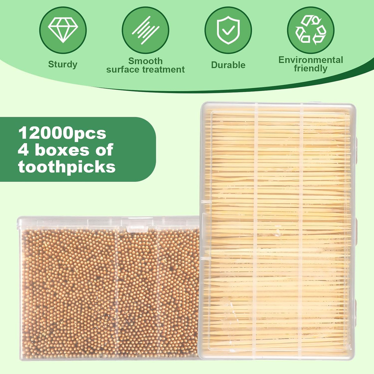 12000 Pcs Bamboo Wooden Toothpicks Wood Round Double Sided Toothpicks with Clear Plastic Storage Box for Appetizers Food Barbecue Fruit Teeth Cleaning Party
