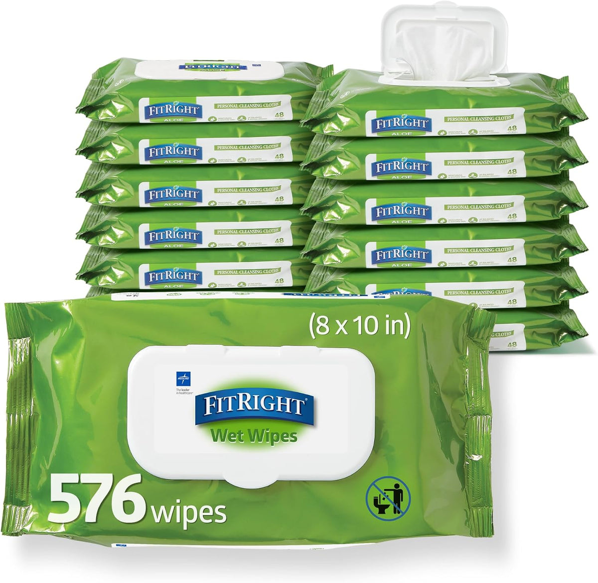 FitRight Aloe Personal Cleansing Cloth Wipes, Scented, 576 Count, 8 x 12 inch Adult Large Incontinence Wipes