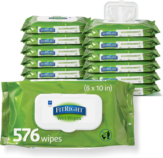 FitRight Aloe Personal Cleansing Cloth Wipes, Scented, 576 Count, 8 x 12 inch Adult Large Incontinence Wipes