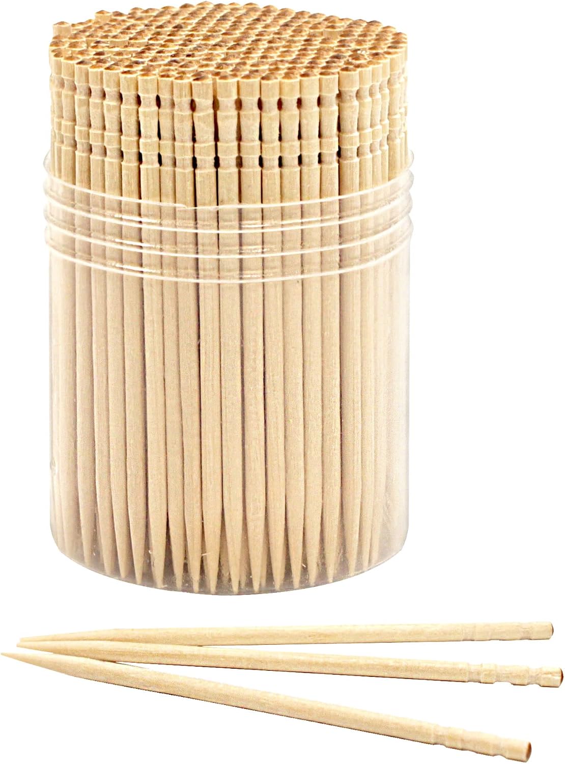 BambooMN Premium Wooden Round Toothpicks with Storage Holder for Food or Cleaning Your Teeth, 3 Packs of 300 Pieces, Party Supplies