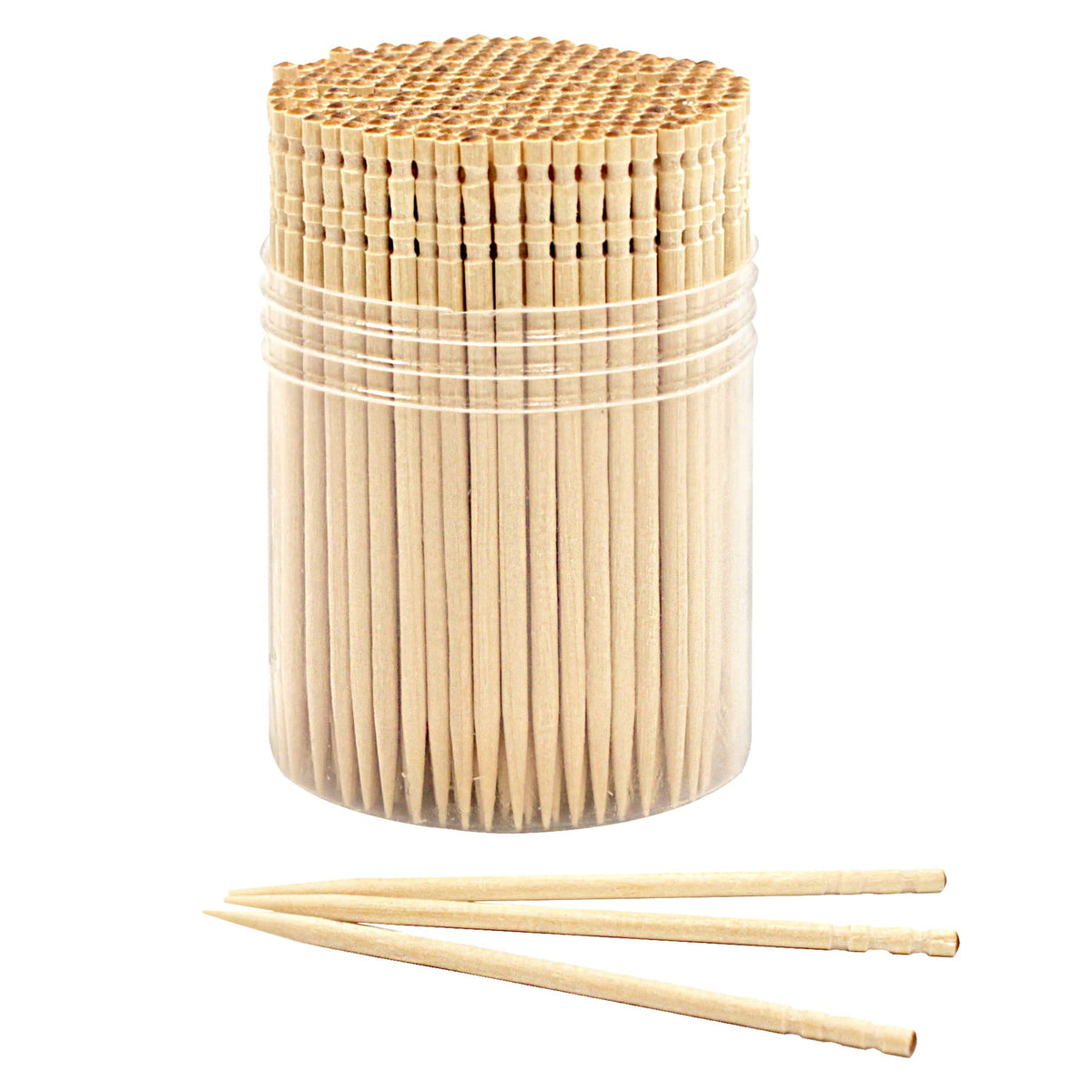 BambooMN Premium Wooden Round Toothpicks with Storage Holder for Food or Cleaning Your Teeth, 3 Packs of 300 Pieces, Party Supplies