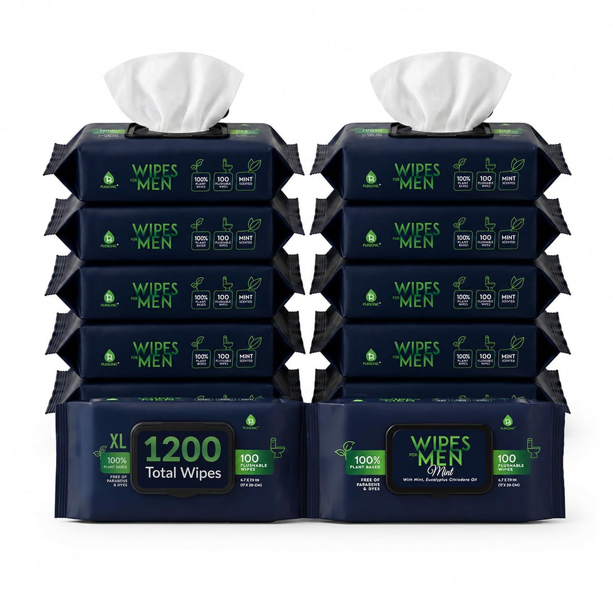 Pursonic Wipes for Men with Scented Soft Mint, Aloe Vera & Vitamin E - Flushable Plant-Based & Alcohol-Free Body & Toilet Wipes for Travel, Gym & Bathroom Use - Extra Large Resealable Pack - 1200 Pcs