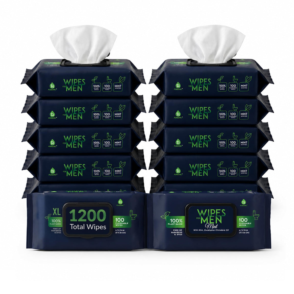 Pursonic Wipes for Men with Scented Soft Mint, Aloe Vera & Vitamin E - Flushable Plant-Based & Alcohol-Free Body & Toilet Wipes for Travel, Gym & Bathroom Use - Extra Large Resealable Pack - 1200 Pcs