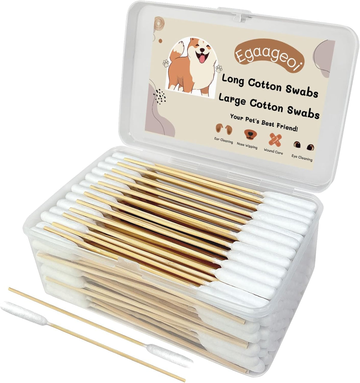 Egaageoi 200 Pcs 6-Inch Long Cotton Swabs for Dog Ears with Bamboo Handle
