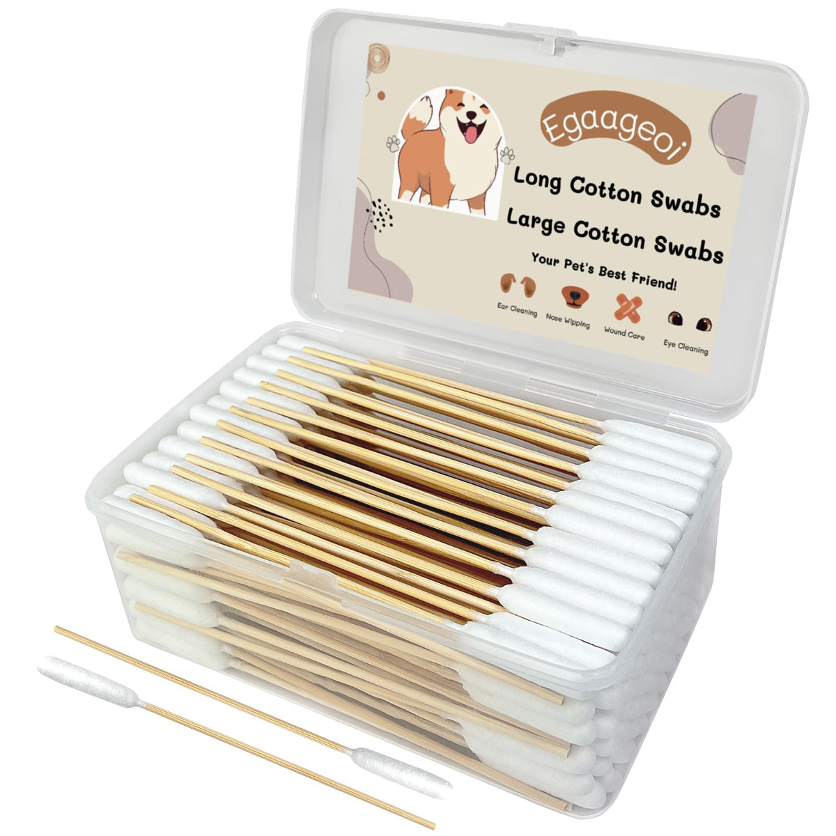 Egaageoi 200 Pcs 6-Inch Long Cotton Swabs for Dog Ears with Bamboo Handle
