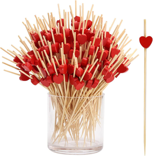 200PCS Heart Cocktail Picks 4.7" Heart Bamboo Toothpicks Heart Fancy Toothpicks Valentines Skewers Bamboo Fancy Appetizer for Wedding Birthday Party Decoration (Red Heart)