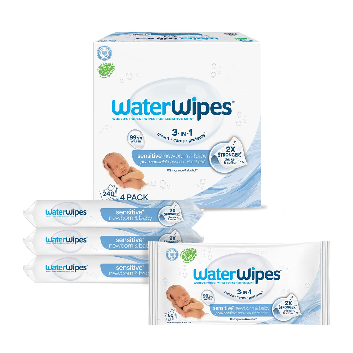 WaterWipes Sensitive+ Newborn & Baby Wipes, 3-In-1 Cleans, Cares, Protects, 99.9% Water, Unscented & Hypoallergenic, 300 Count (5 Packs)