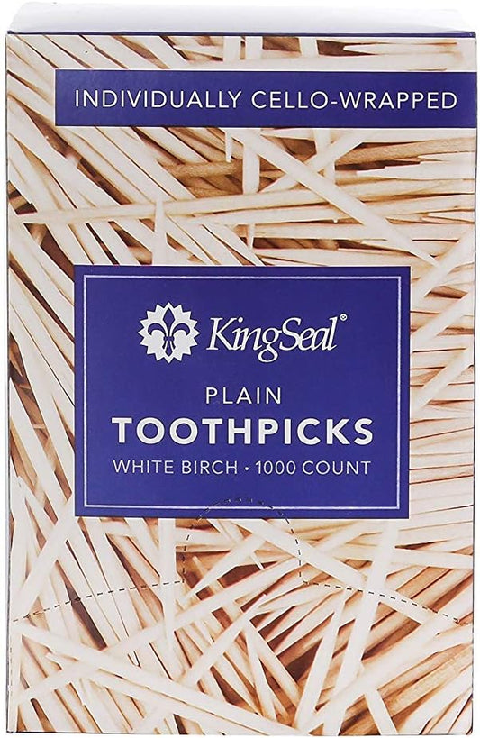 4,000 Count | KingSeal Birch Wood Toothpicks, Individually Cello Wrapped, Plain, Unflavored, 2.5 Inch Length, Bulk Pack - 4 Boxes x 1000