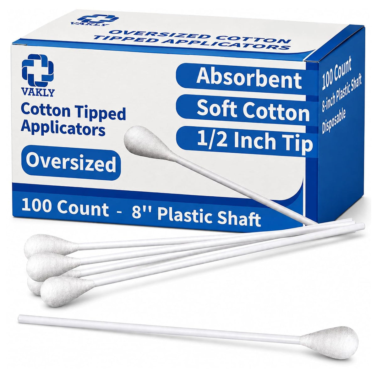 Vakly Oversized Cotton Tipped Applicators, Large 1/2" Cotton Swabs, 100 Pk