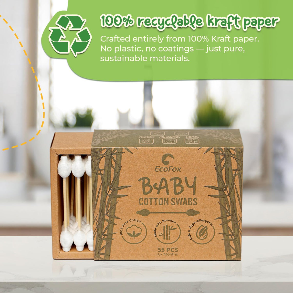 Baby Cotton Swabs 220 Count | Eco-Friendly & Pure Cotton Buds | Double Tipped Safety Sticks | 100% Plant-Based & Natural | Perfect for Baby Personal Care & Skin Care
