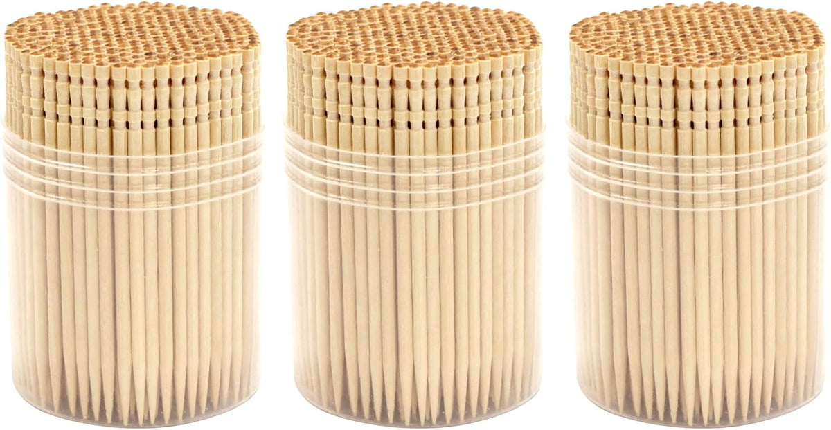 BambooMN Premium Wooden Round Toothpicks with Storage Holder for Food or Cleaning Your Teeth, 3 Packs of 300 Pieces, Party Supplies