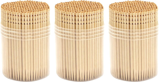 BambooMN Premium Wooden Round Toothpicks with Storage Holder for Food or Cleaning Your Teeth, 3 Packs of 300 Pieces, Party Supplies