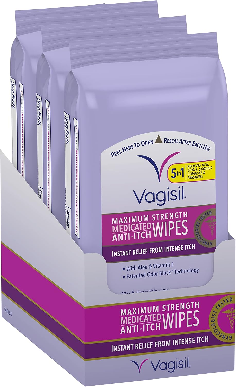 Vagisil Wipes, Anti-Itch Medicated Feminine Vaginal Wipes, Maximum Strength, Instant Relief, 20 Wipes (Pack of 3)