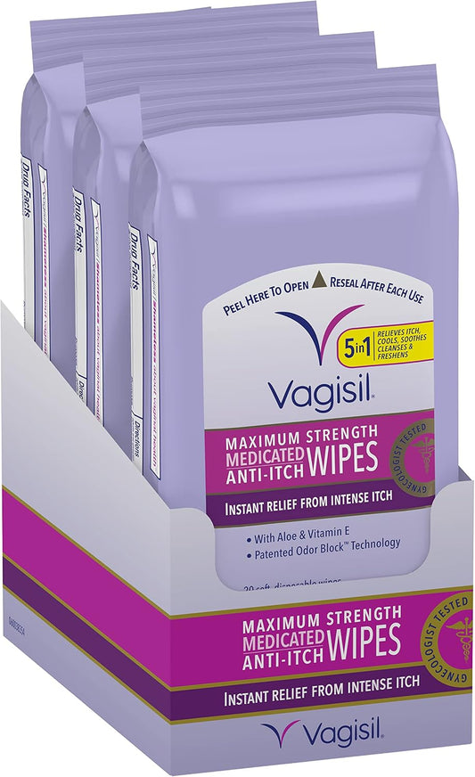 Vagisil Wipes, Anti-Itch Medicated Feminine Vaginal Wipes, Maximum Strength, Instant Relief, 20 Wipes (Pack of 3)