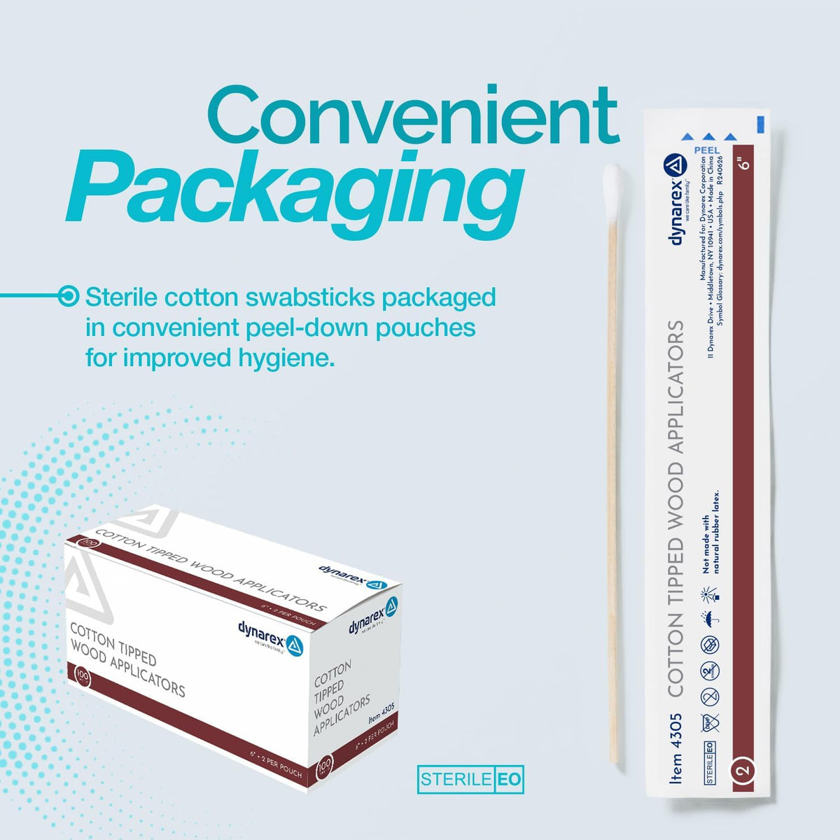 Dynarex Cotton Tipped Wood Applicators - 6" - Sterile - Medical Swabs for Wound Care, Cleaning, Crafts - 10 Boxes per Case, 100 Pouches per Box, 2 Applicators per Pouch