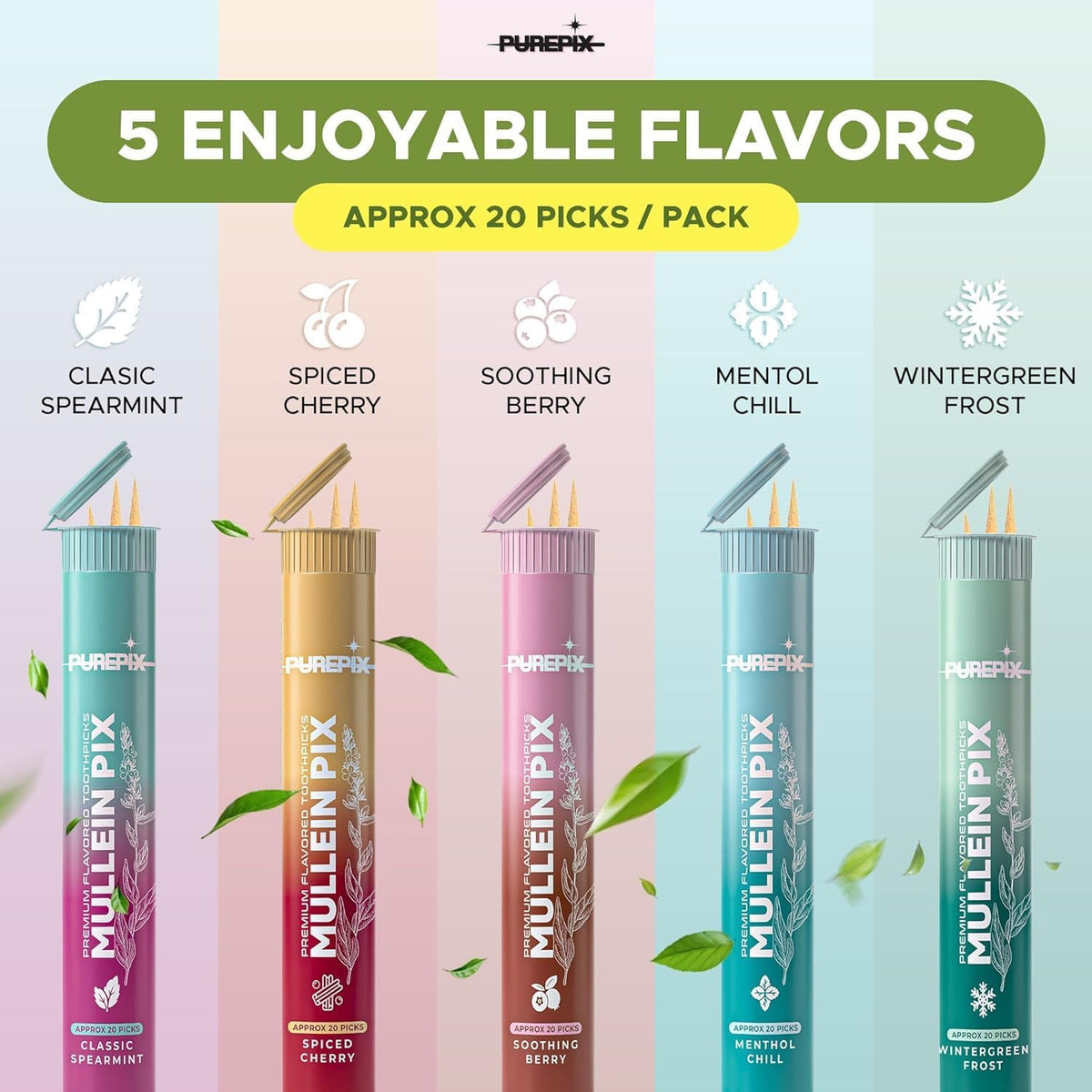 PurePix Mullein Pix Flavored Toothpicks, 5-Flavor Variety Pack