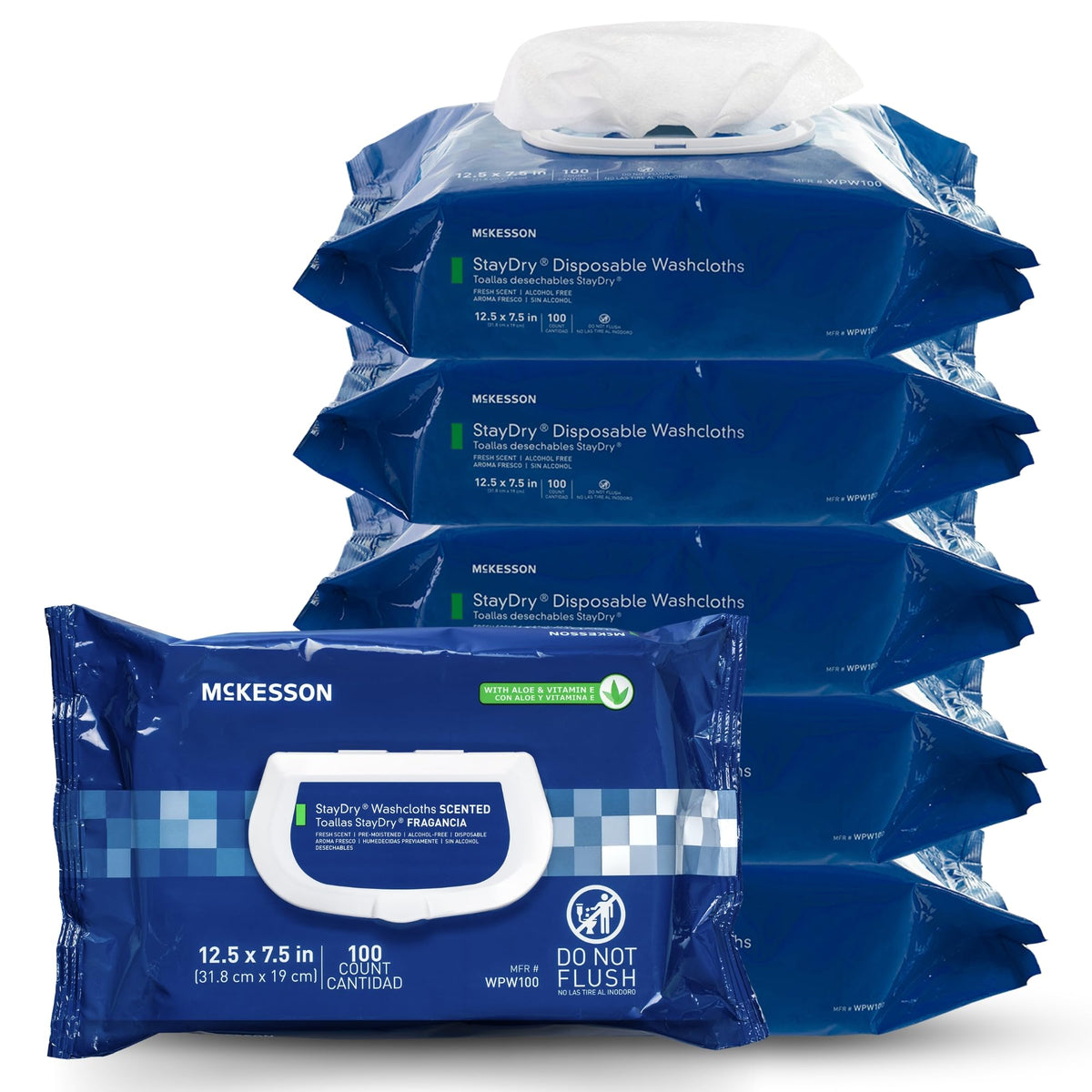 McKesson Disposable Wipe 12 Pack, 600 Washcloths - Large Adult Body and Incontinence Washcloths with Aloe and Vitamin E, Alcohol-Free, 50 Wipes Per Pack