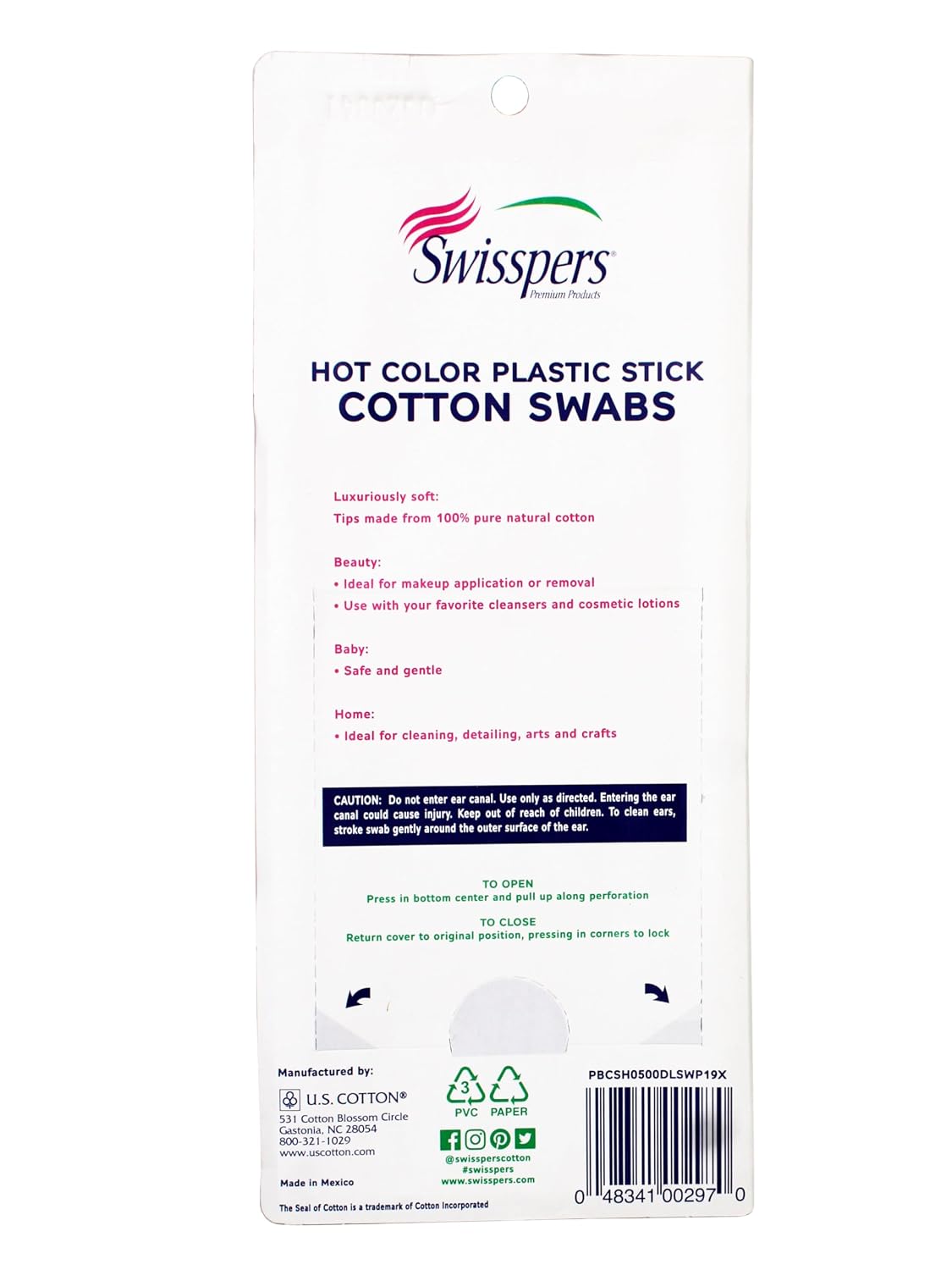 Swisspers Hot Color Cotton Swabs, 100% Cotton, Color Plastic Sticks, 500 per Pack (Color May Vary) - 3 Pack
