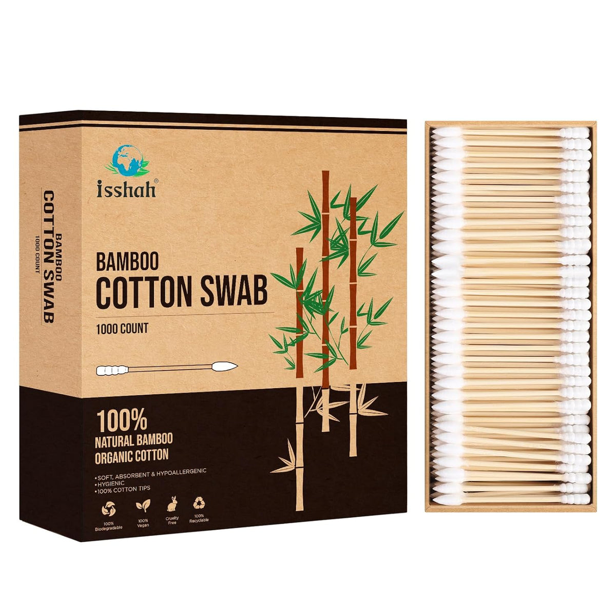 Isshah Natural Bamboo Cotton Swabs - Pointed & Spiral Tips - 1000 Count