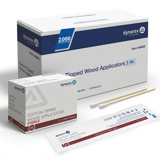 Dynarex Cotton Tipped Wood Applicators - 3" - Sterile - Medical Swabs for Wound Care, Cleaning, Crafts - 10 Boxes per Case, 100 Pouches per Box, 2 Applicators per Pouch