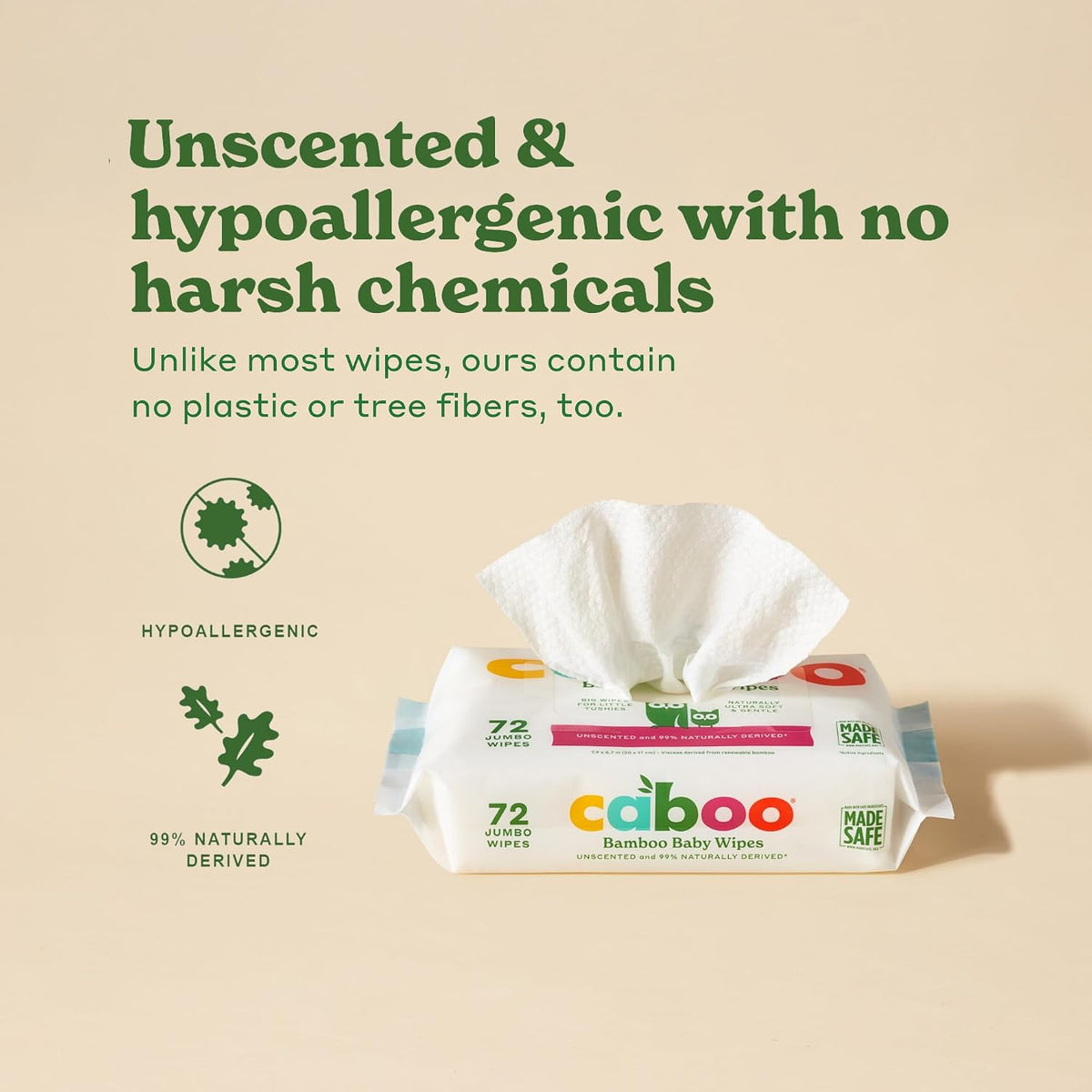 Caboo Tree Free Baby Wipes, Unscented, 72 Wipes Per Pack, 216 Total