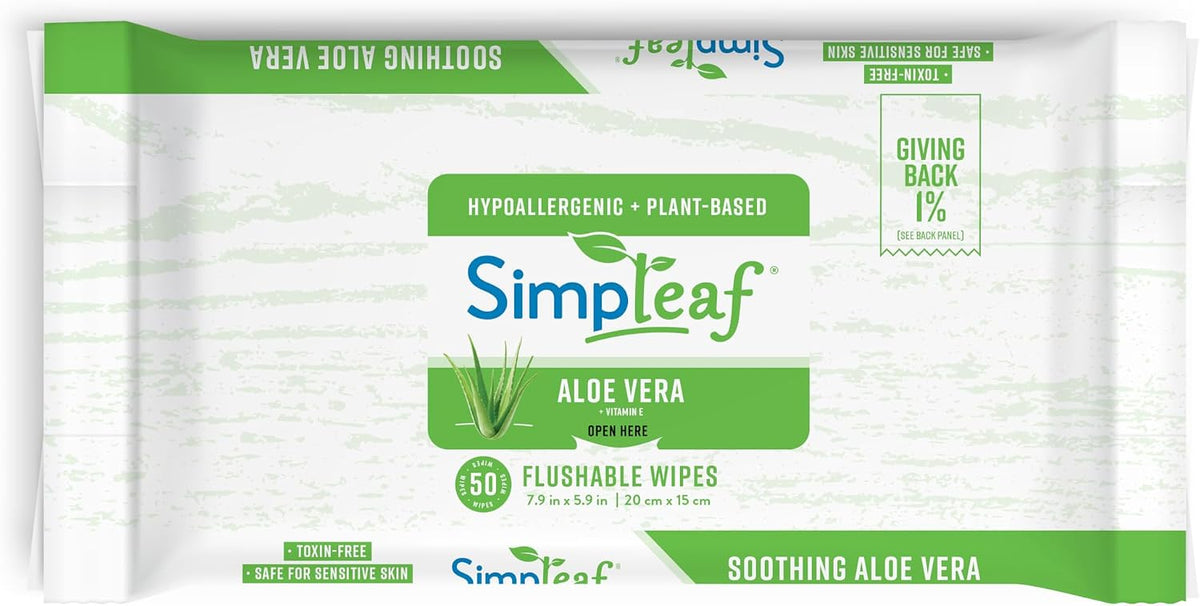 Simpleaf Flushable Wet Wipes Aloe Vera | Plastic Free, Paraben & Alcohol Free | Hypoallergenic & Safe for Sensitive Skin | Soothing Aloe Formula | Adult Toilet Wipes (6 x 50 Count Pack) 300 Count