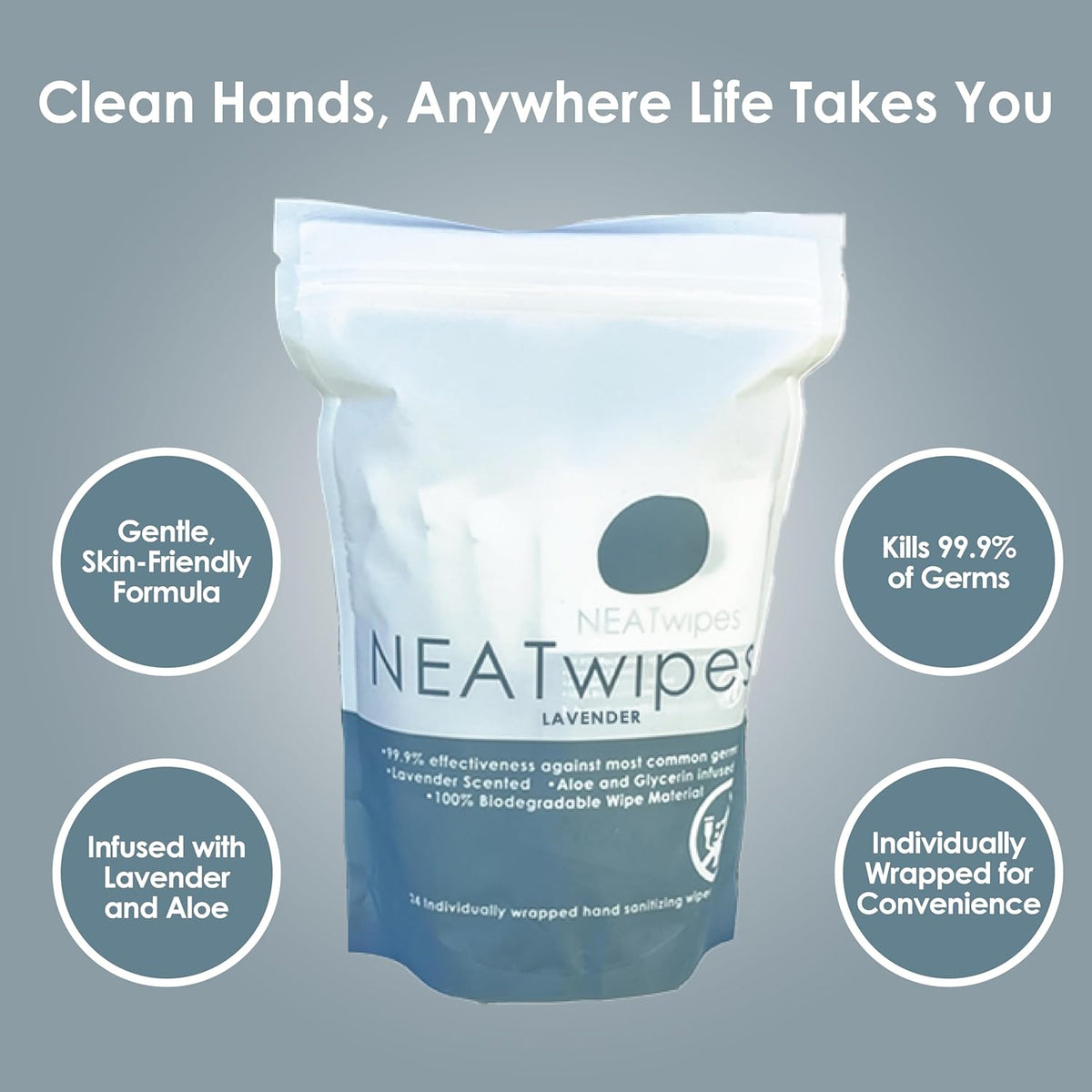 NEATwipes Sanitizing Wipes for Adults, Travel Size (Lavender, 24 Wipes)