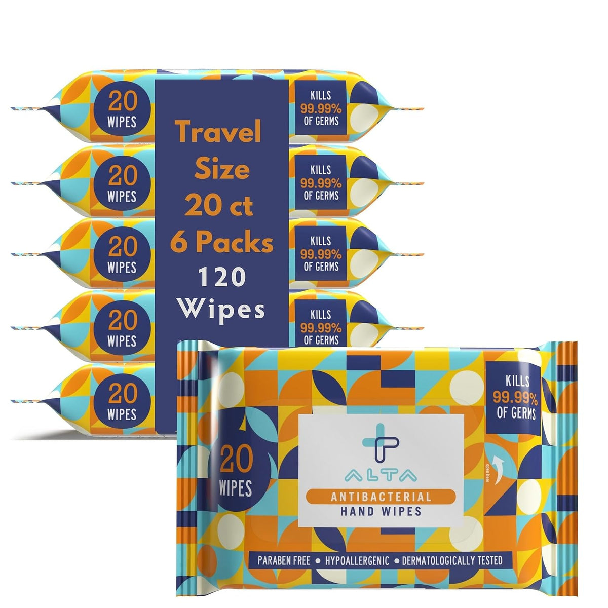 ALTA + Alcohol Free Hand Sanitizing Wipes, Travel Size, 20 Wipes, 6 Packs, Total 120 Pieces