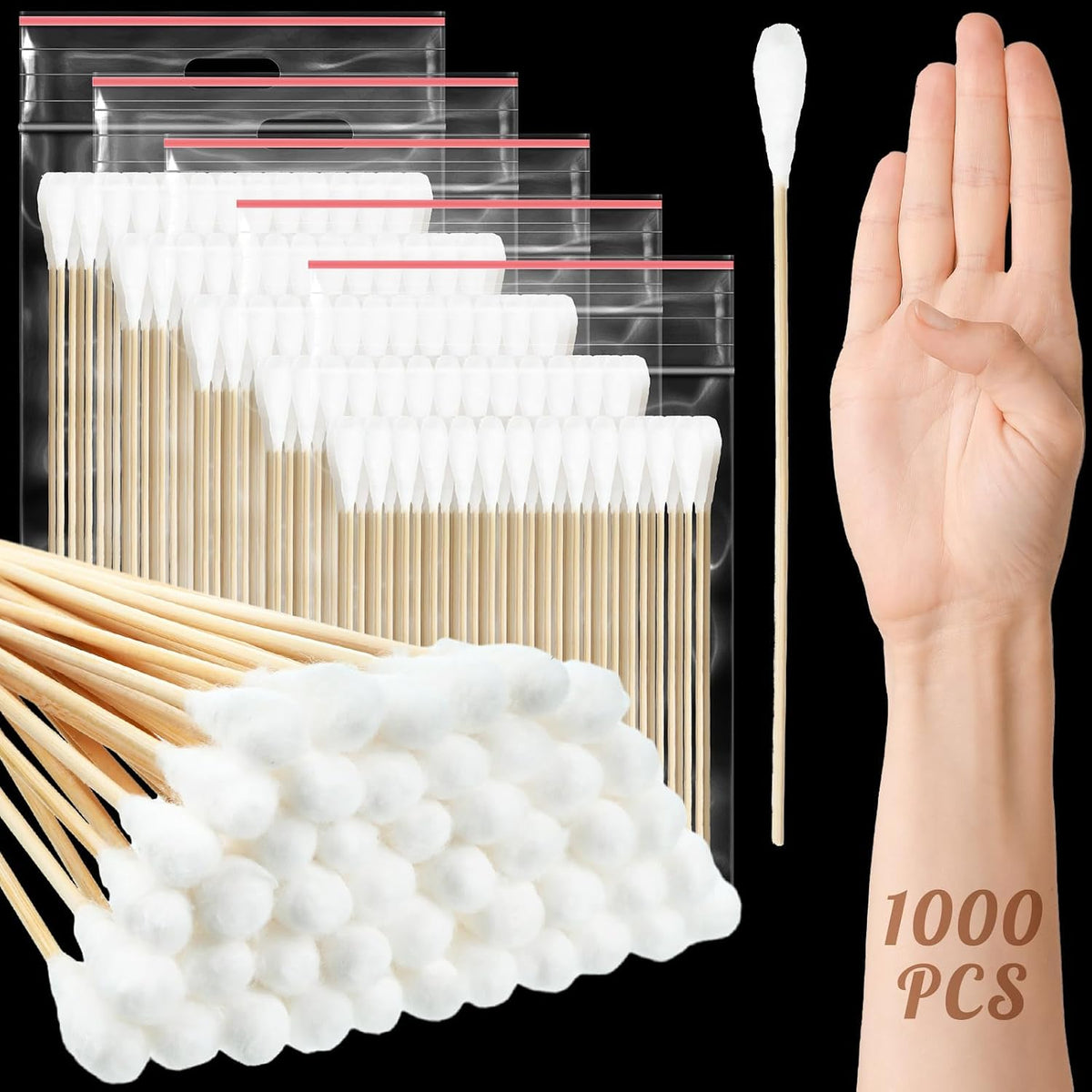 Kigley 1000 Pcs 8" Large Cotton Swabs with Bamboo Handle 1/2" Diameter Swab