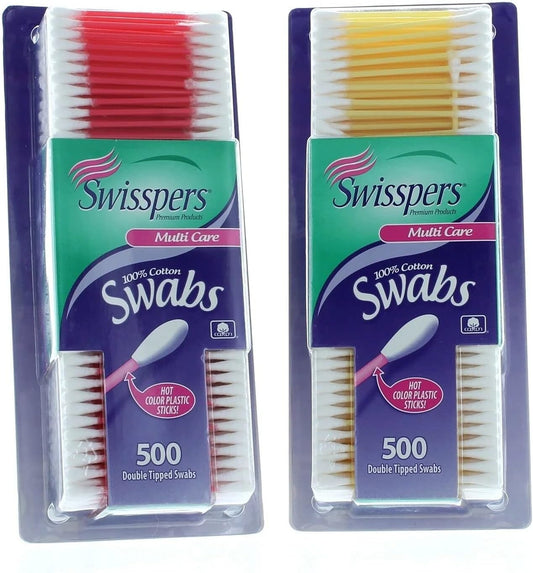 Swisspers Hot Color Cotton Swabs, 100% Cotton, Color Plastic Sticks, 500 per Pack (Color May Vary) - 2 Pack