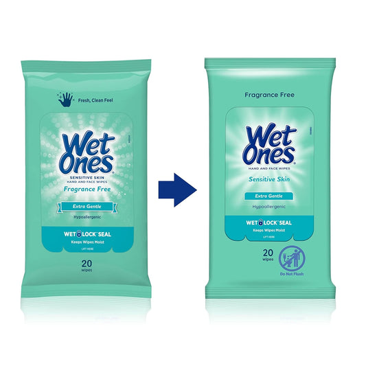 Wet Ones Hand Wipes, Sensitive Skin, Unscented, 20 ct (30 Pack)