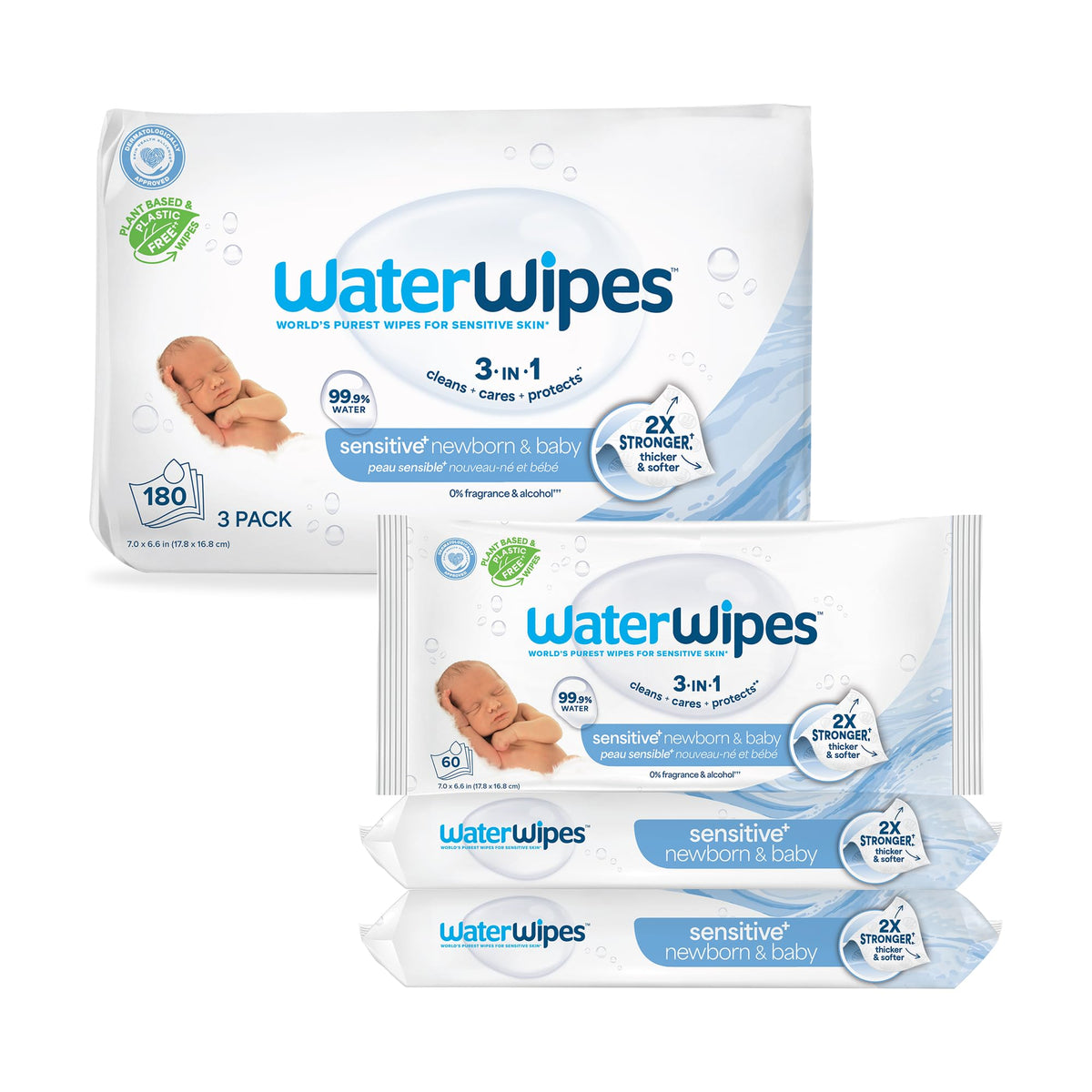 WaterWipes Sensitive+ Newborn & Baby Wipes, 3-In-1 Cleans, Cares, Protects, 99.9% Water, Unscented & Hypoallergenic, 720 Count (12 Packs)