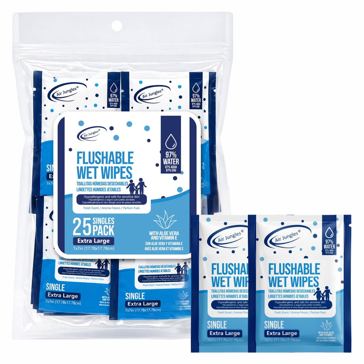 Air Jungles Flushable Wipes 300 Ct 6-Pack, Adult and Kid, XL 7x7 Inch