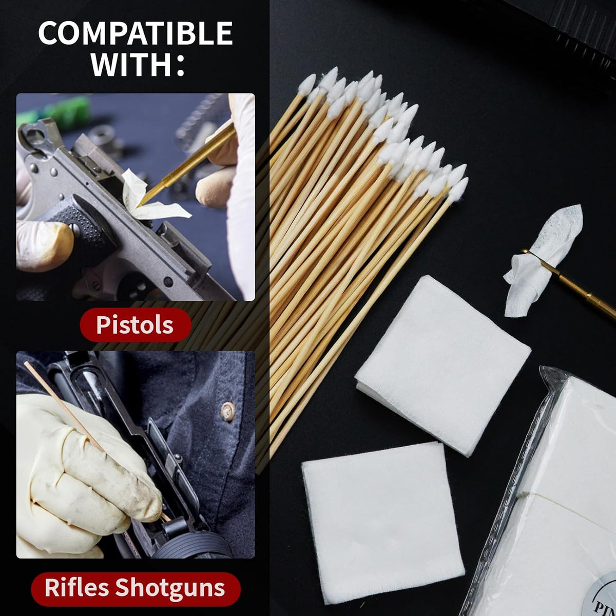 Gun Cleaning Supplies - Gun Cleaning Patches and Long Cotton Swabs Set