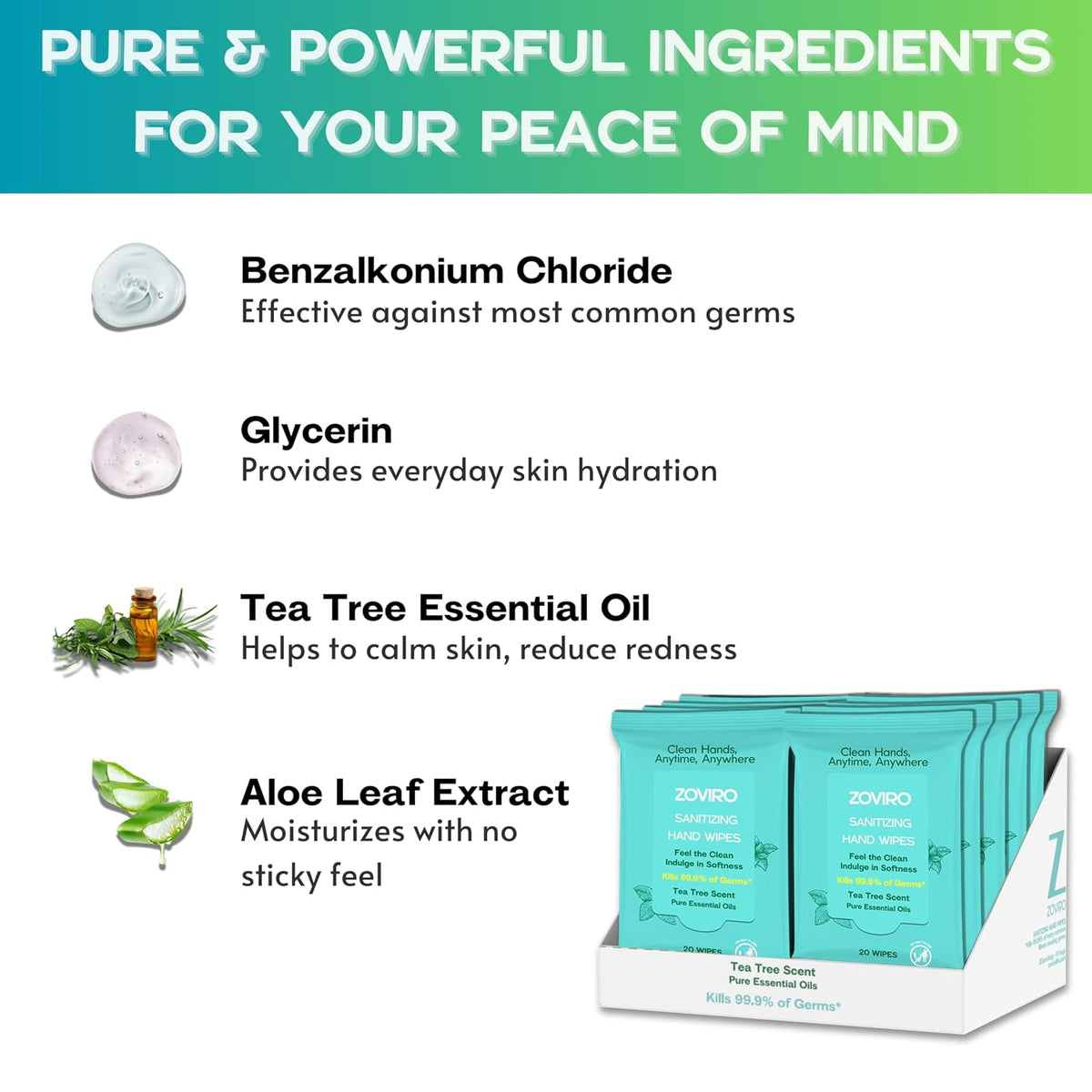 Zoviro Hand Sanitizer Wipes, Moisturizing With Tea Tree Essential Oil, Ultra-Soft 100% Viscose, Hand Wipes Travel Size, Tea Tree Scent, 20 Count (Pack of 10)