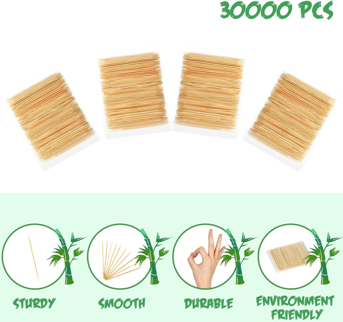 Zhehao 30, 000 Pcs Bamboo Wood Toothpicks Bulk, Round Wooden Tooth Picks, Double Side Point, Independence Pack for Each 100 Pcs, for Teeth Clean, Kitchen Appetizers, Travel Portable Disposable