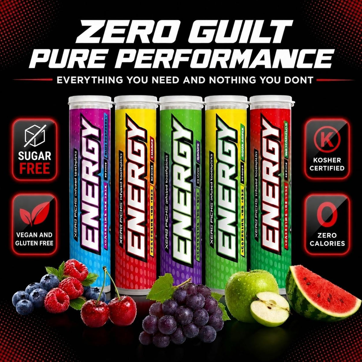 Xero Picks Energy Caffeine Flavored Toothpicks B12 for Focus & B6, 100 Picks (Pack of 5) (Variety Pack) Sugar-Free Alternative to Energy Mints & Gum - Kosher