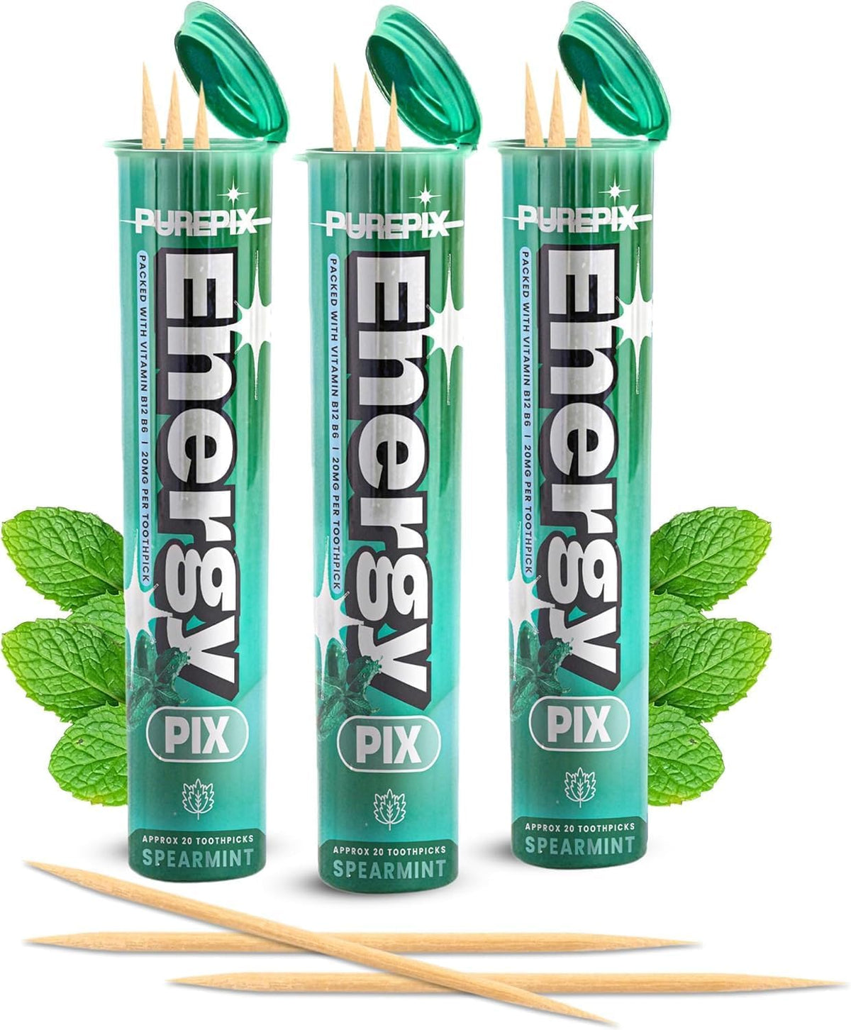 PurePix Energy Caffeine Flavored Toothpicks, Spearmint, 3-Pack, 60ct