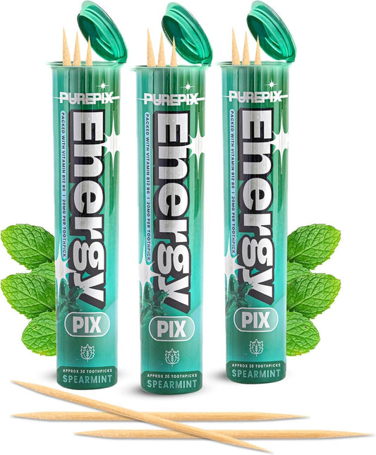 PurePix Energy Caffeine Flavored Toothpicks, Spearmint, 3-Pack, 60ct