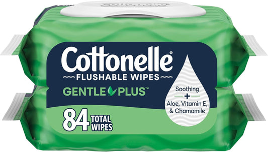Cottonelle GentlePlus Flushable Wet with Aloe & Vitamin E, 2 Flip-Top Packs with 42 Wipes Each, 84 Total, Packaging May Vary